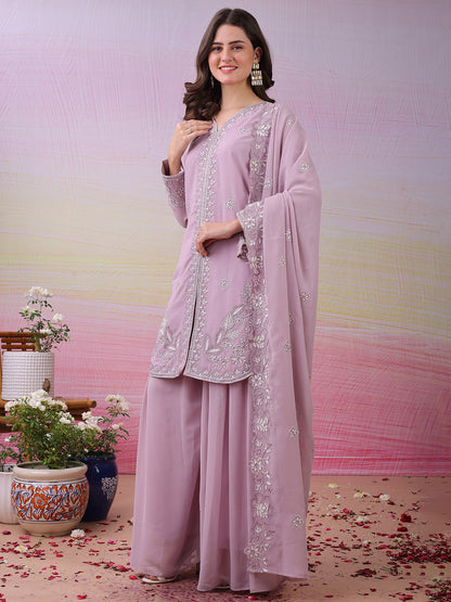 LooksValley Lavender Georgette Embroidered Kurta Set with Palazzo & Dupatta | Elegant Party Wear Ethnic Suit for Women