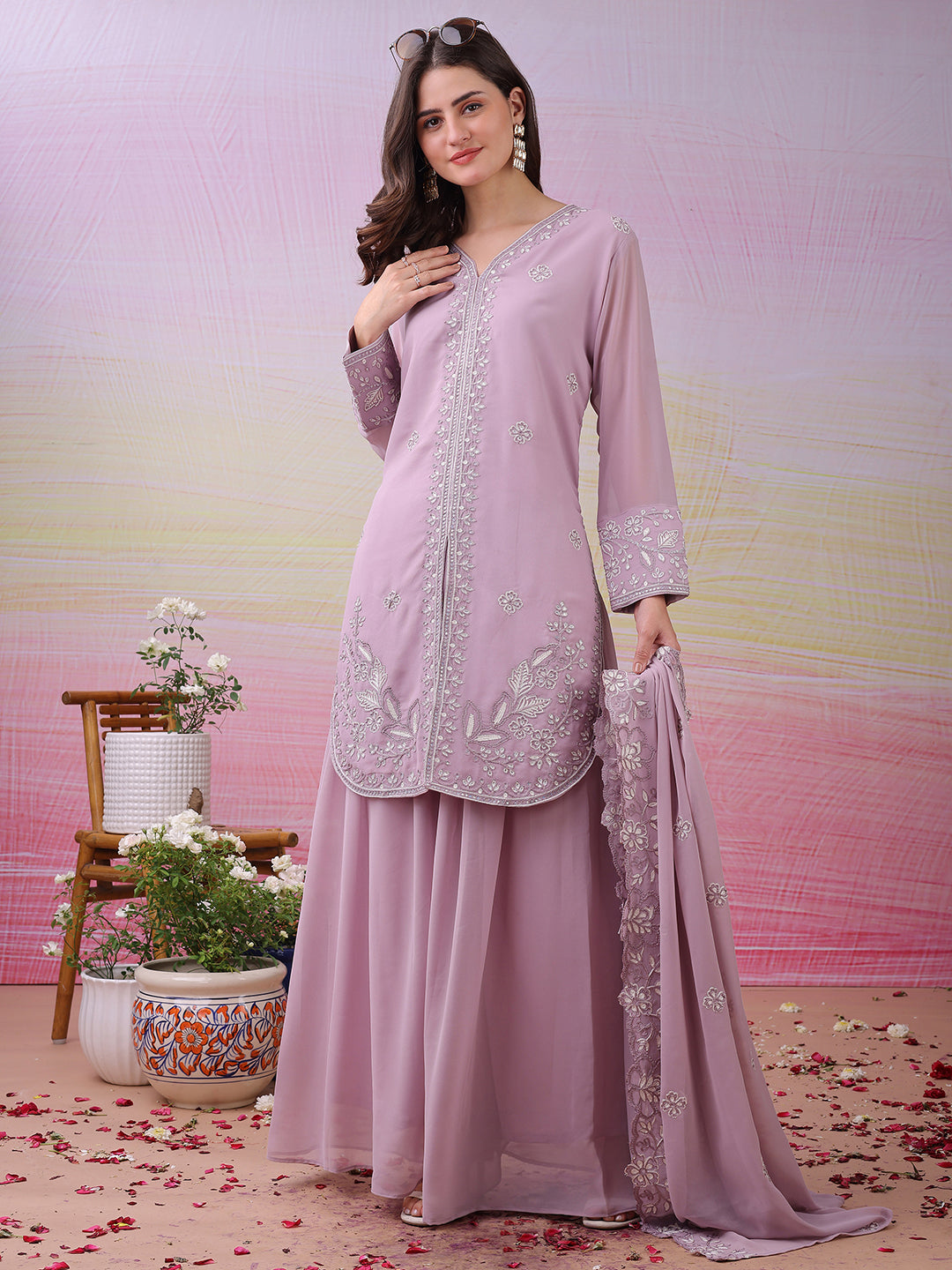 LooksValley Lavender Georgette Embroidered Kurta Set with Palazzo & Dupatta | Elegant Party Wear Ethnic Suit for Women