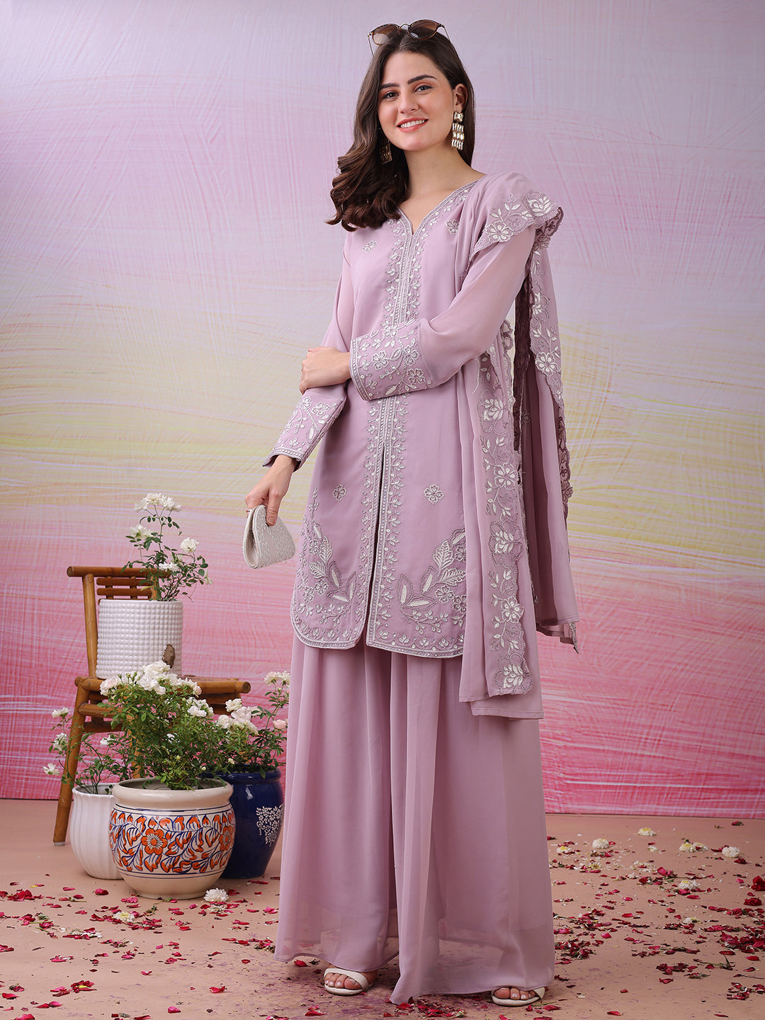 LooksValley Lavender Georgette Embroidered Kurta Set with Palazzo & Dupatta | Elegant Party Wear Ethnic Suit for Women