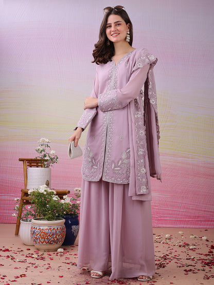 LooksValley Lavender Georgette Embroidered Kurta Set with Palazzo & Dupatta | Elegant Party Wear Ethnic Suit for Women