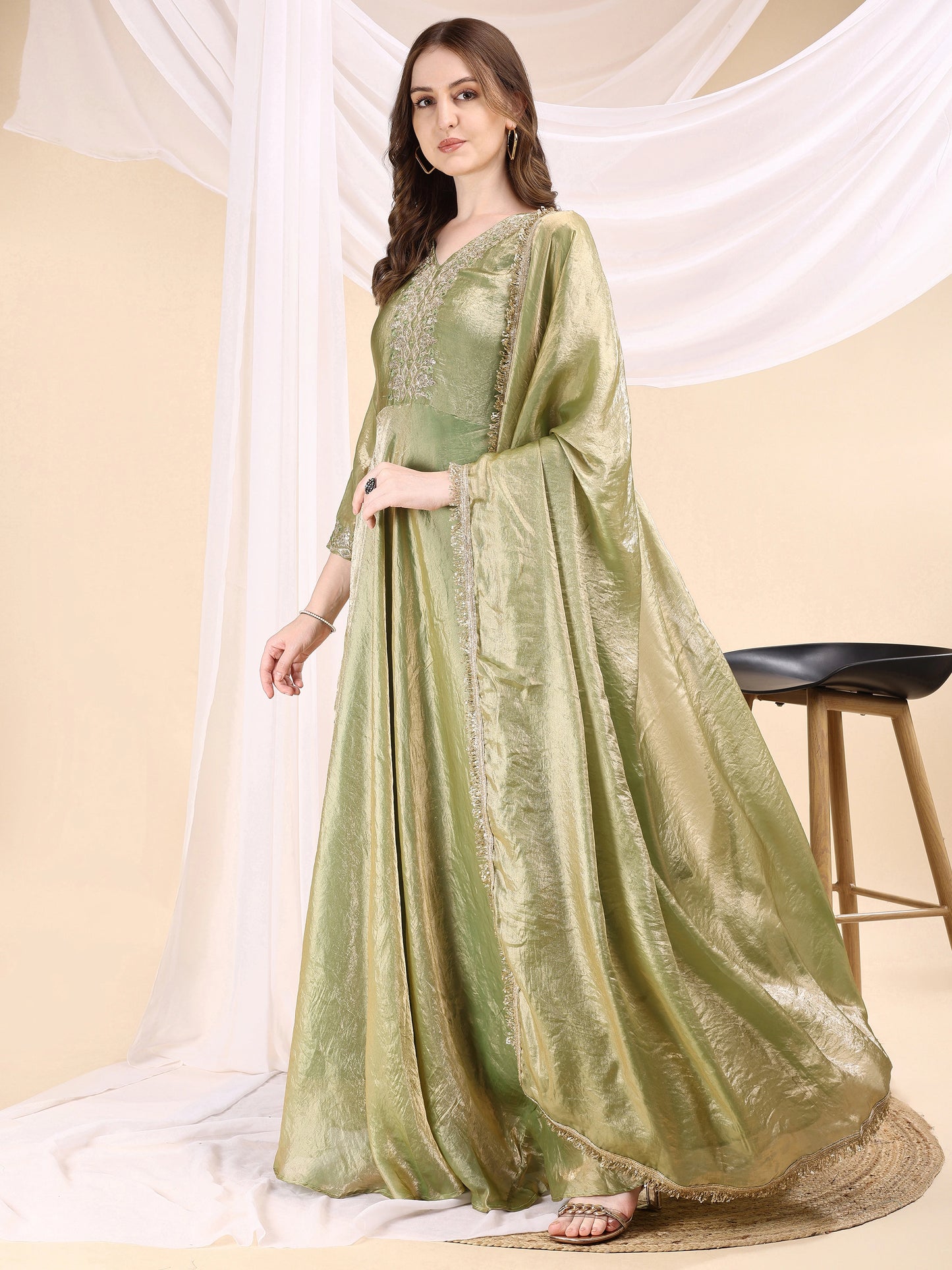 Women's Embroidered Anarkali Gown with Dupatta & Flared Silhouette