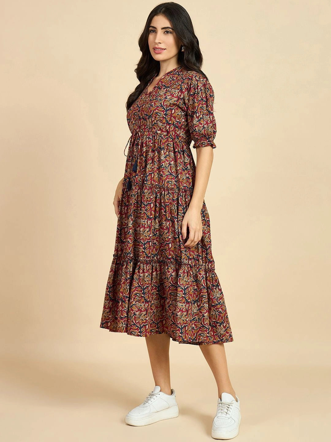 Women's Paisley Printed Tiered Midi Dress with Mandarin Collar