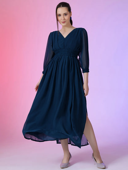 Women's Solid V-Neck Maxi Dress with Smocked Waist & Long Sleeves