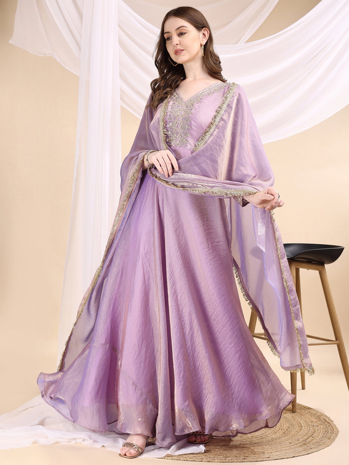 Women's Embroidered Anarkali Gown with Dupatta & Flared Silhouette