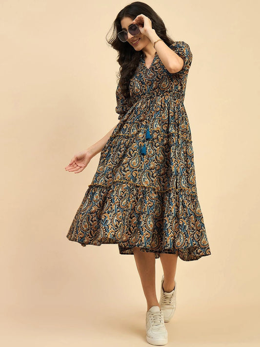 Women's Paisley Printed Tiered Midi Dress with Mandarin Collar