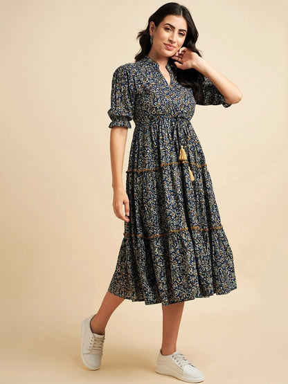 Women's Paisley Printed Tiered Midi Dress with Mandarin Collar
