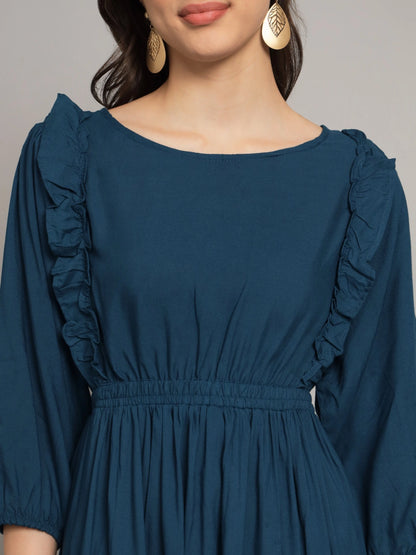 Women's Ruffle Detail Smocked Waist Midi Dress – Elegant Long Sleeve Casual Dress