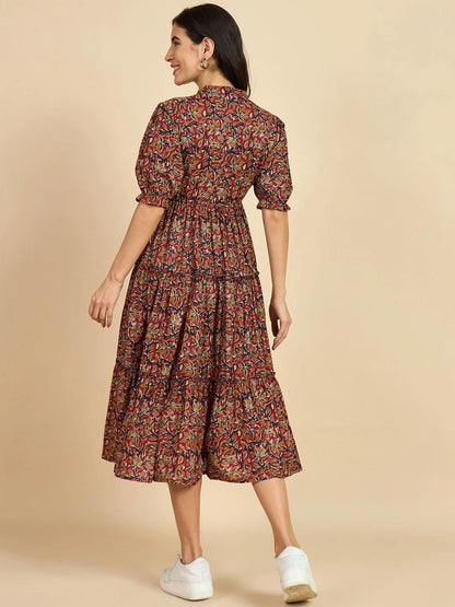 Women's Paisley Printed Tiered Midi Dress with Mandarin Collar