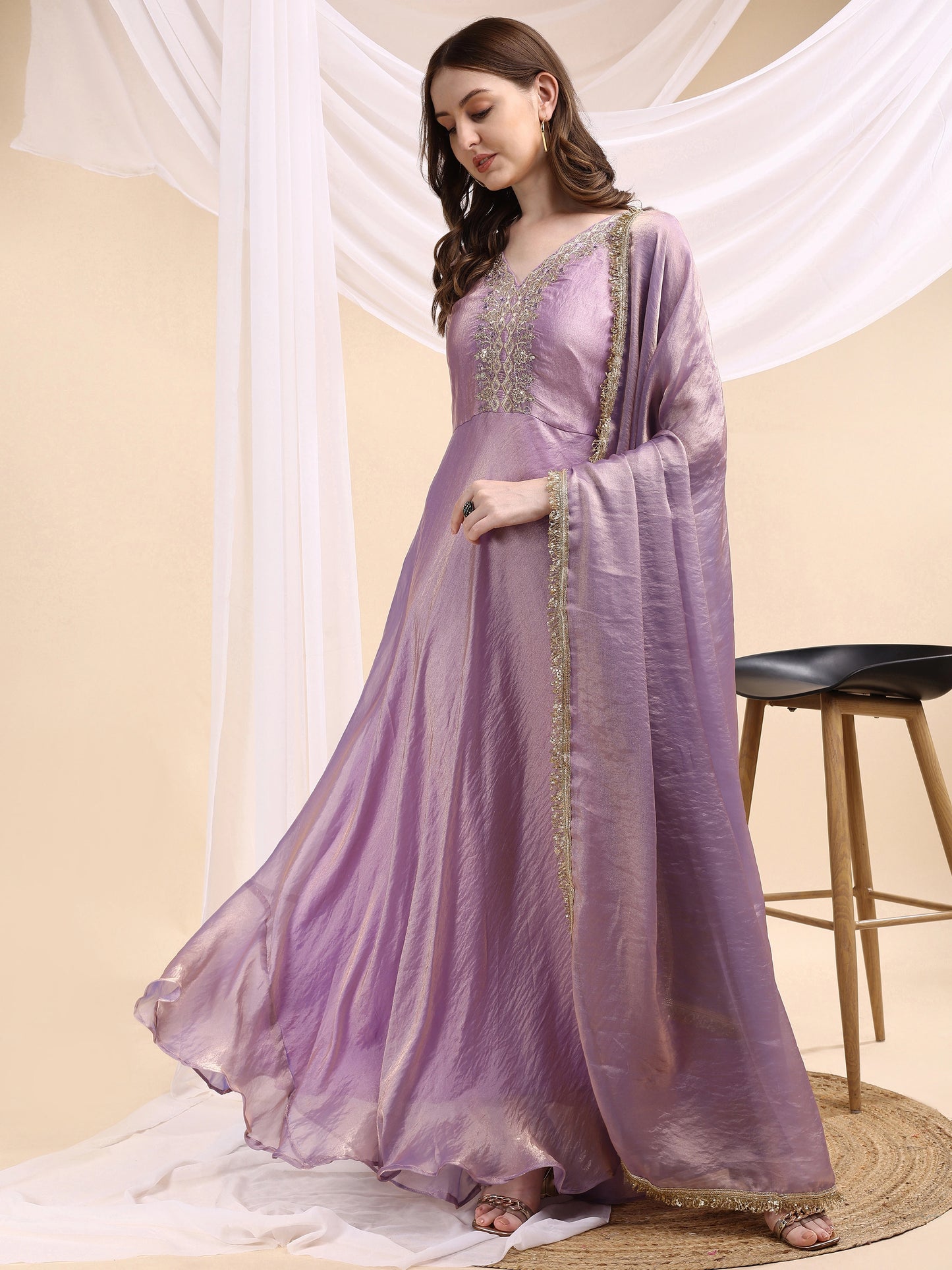 Women's Embroidered Anarkali Gown with Dupatta & Flared Silhouette