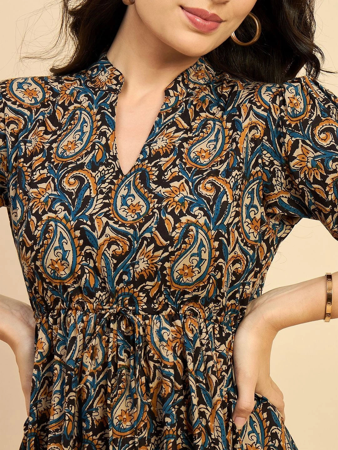 Women's Paisley Printed Tiered Midi Dress with Mandarin Collar