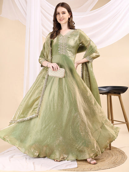 Women's Embroidered Anarkali Gown with Dupatta & Flared Silhouette