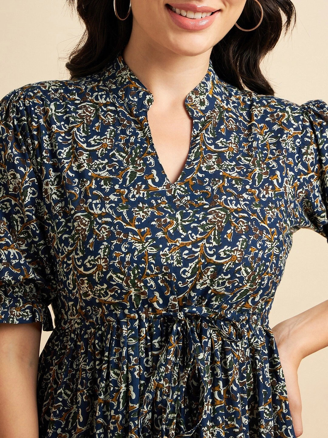 Women's Paisley Printed Tiered Midi Dress with Mandarin Collar