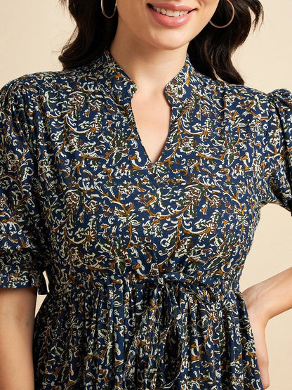 Women's Paisley Printed Tiered Midi Dress with Mandarin Collar
