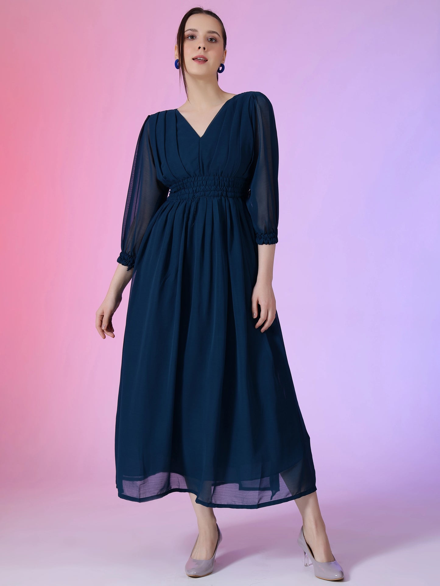 Women's Solid V-Neck Maxi Dress with Smocked Waist & Long Sleeves