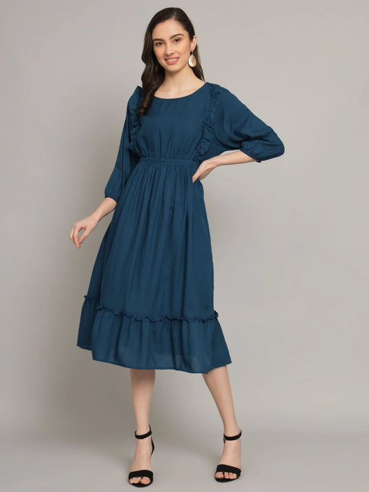 Women's Ruffle Detail Smocked Waist Midi Dress – Elegant Long Sleeve Casual Dress