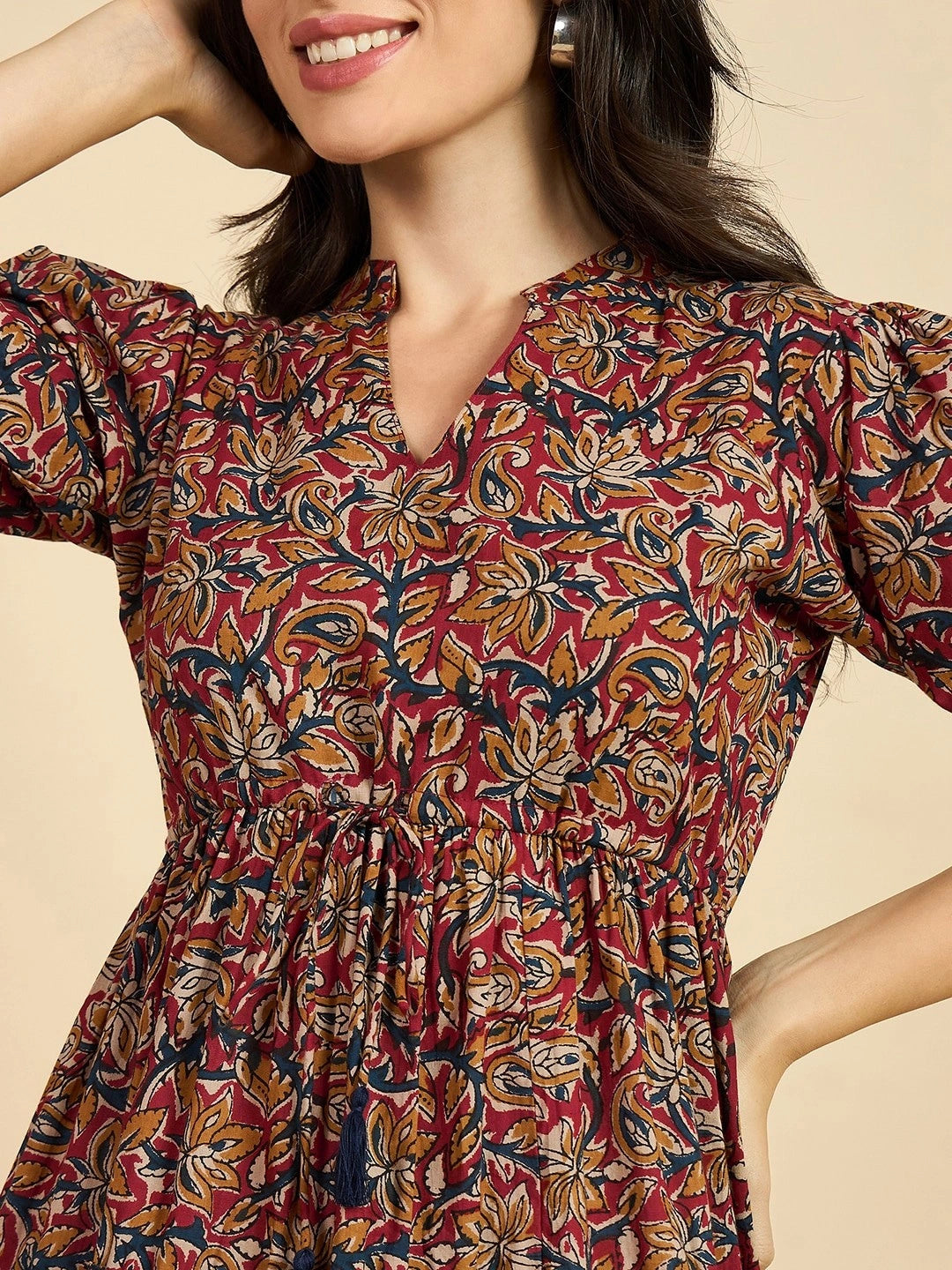 Women's Paisley Printed Tiered Midi Dress with Mandarin Collar