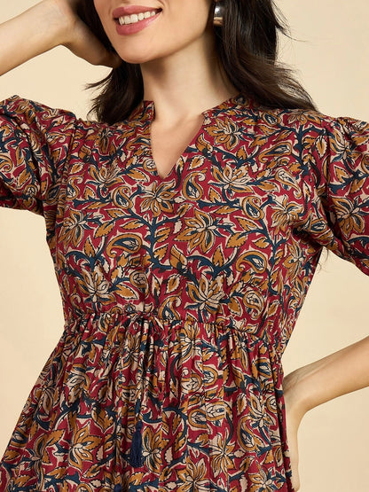 Women's Paisley Printed Tiered Midi Dress with Mandarin Collar