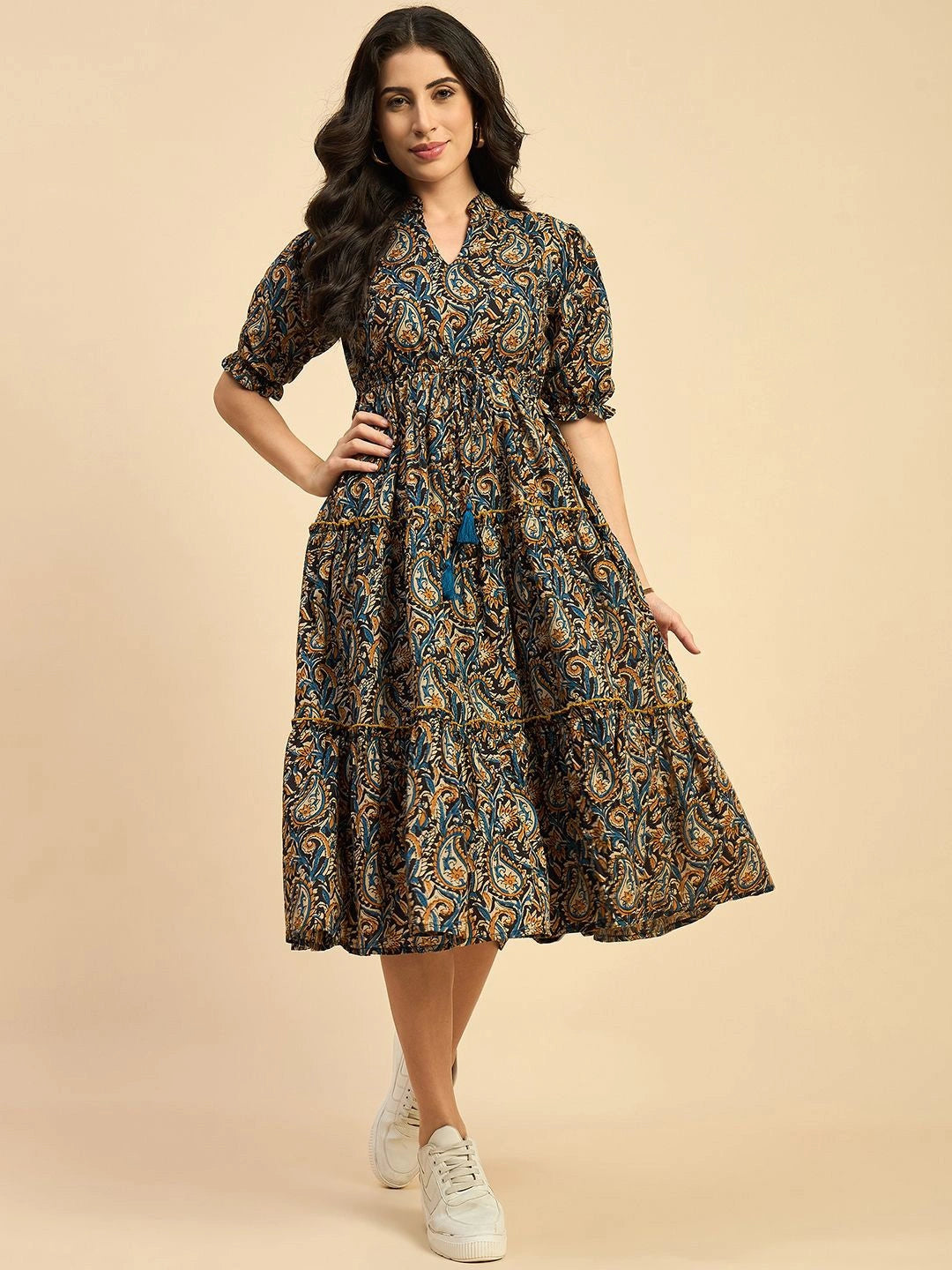 Women's Paisley Printed Tiered Midi Dress with Mandarin Collar