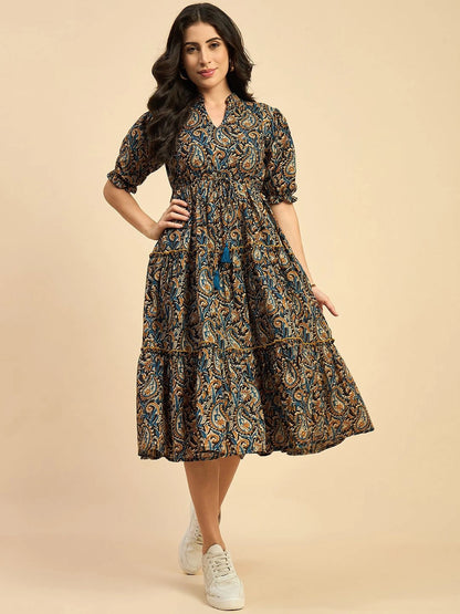 Women's Paisley Printed Tiered Midi Dress with Mandarin Collar