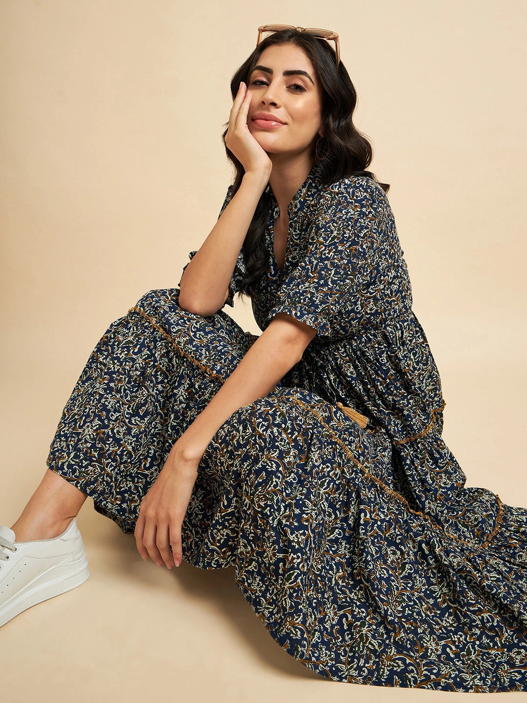 Women's Paisley Printed Tiered Midi Dress with Mandarin Collar