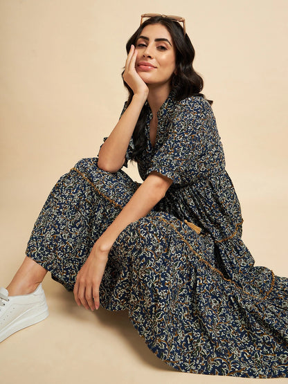 Women's Paisley Printed Tiered Midi Dress with Mandarin Collar