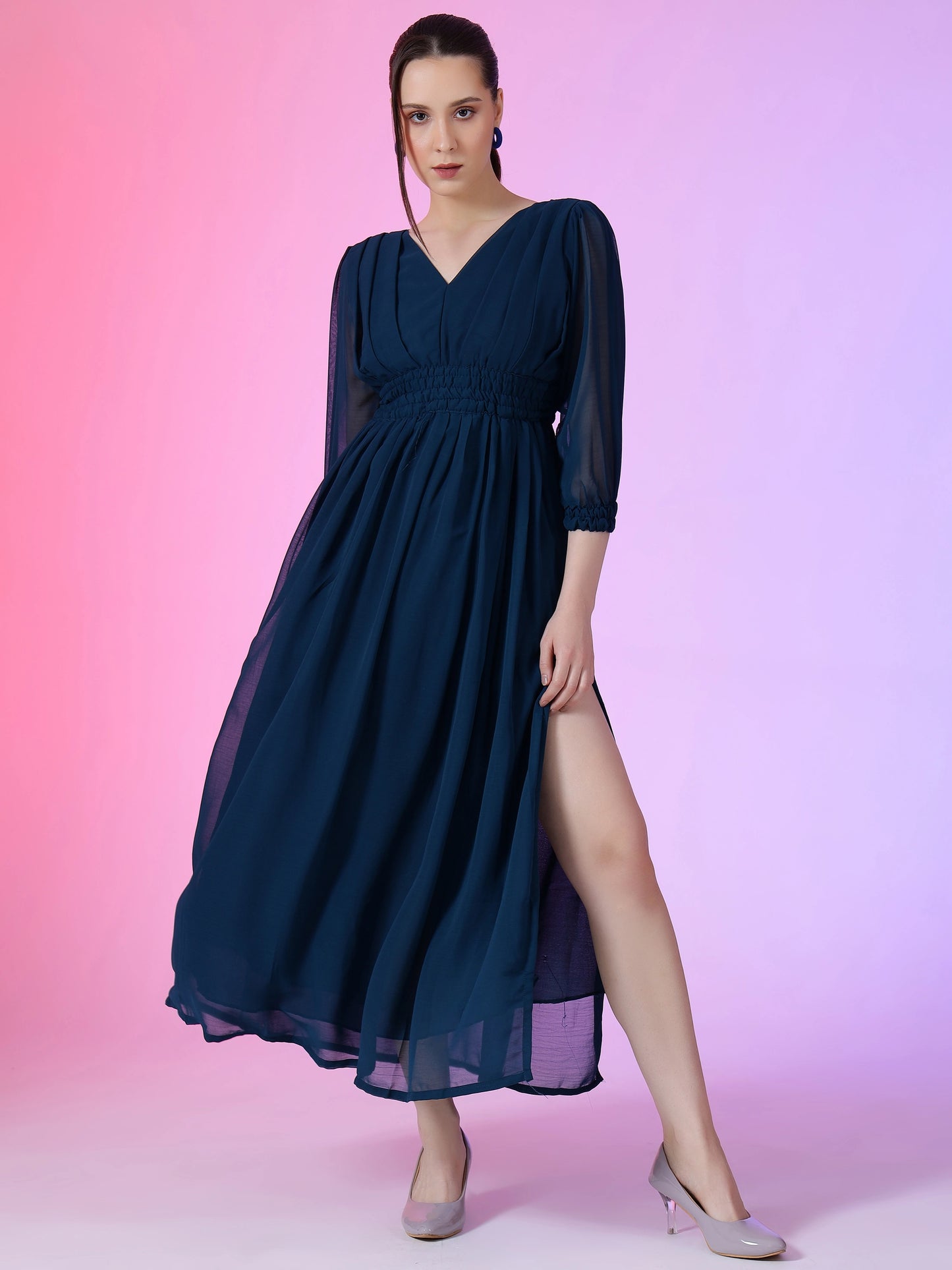 Women's Solid V-Neck Maxi Dress with Smocked Waist & Long Sleeves