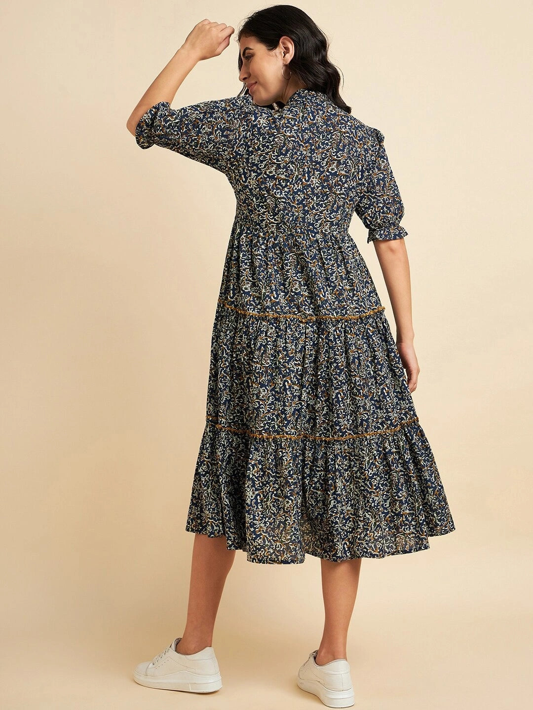 Women's Paisley Printed Tiered Midi Dress with Mandarin Collar
