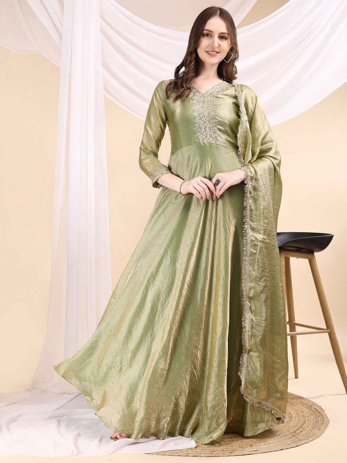 Women's Embroidered Anarkali Gown with Dupatta & Flared Silhouette