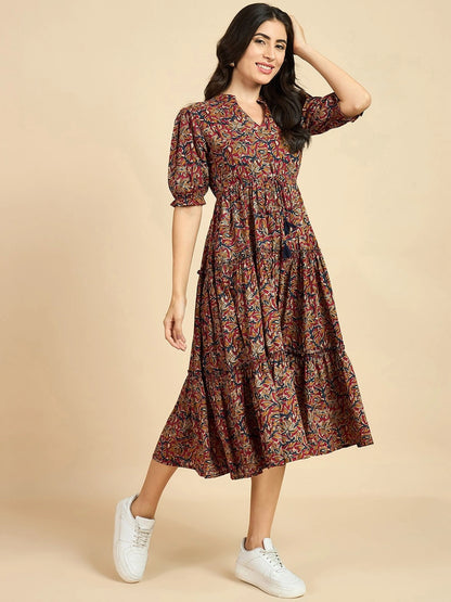 Women's Paisley Printed Tiered Midi Dress with Mandarin Collar