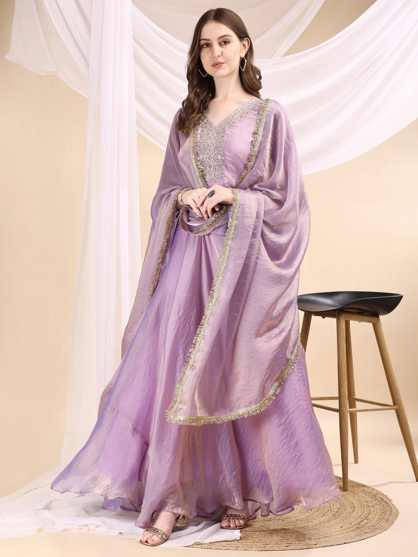 Women's Embroidered Anarkali Gown with Dupatta & Flared Silhouette