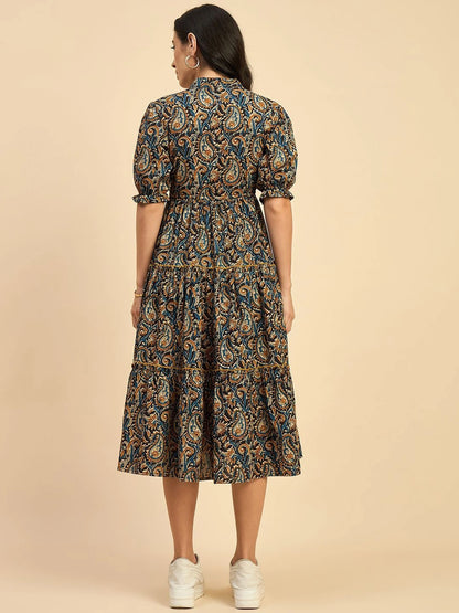 Women's Paisley Printed Tiered Midi Dress with Mandarin Collar