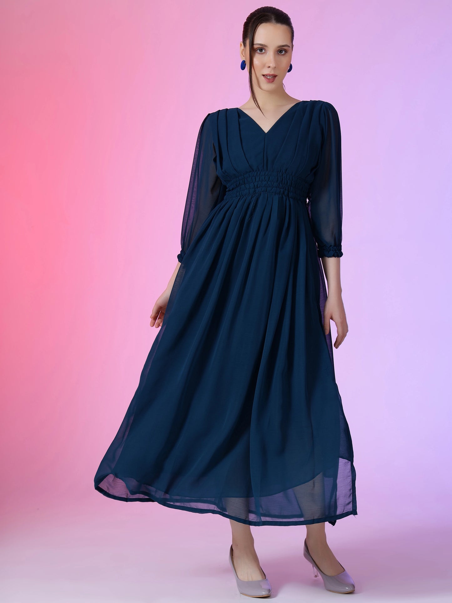 Women's Solid V-Neck Maxi Dress with Smocked Waist & Long Sleeves