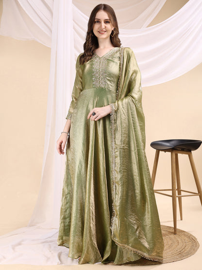 Women's Embroidered Anarkali Gown with Dupatta & Flared Silhouette