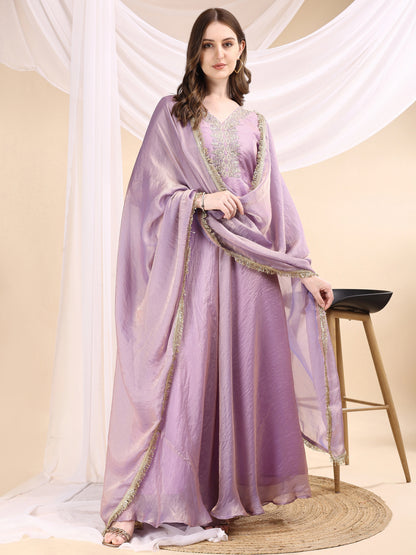 Women's Embroidered Anarkali Gown with Dupatta & Flared Silhouette