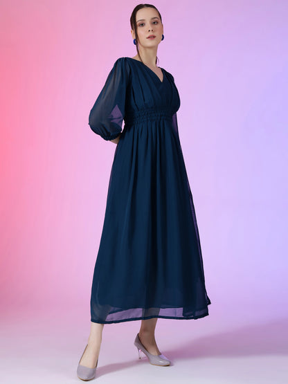 Women's Solid V-Neck Maxi Dress with Smocked Waist & Long Sleeves