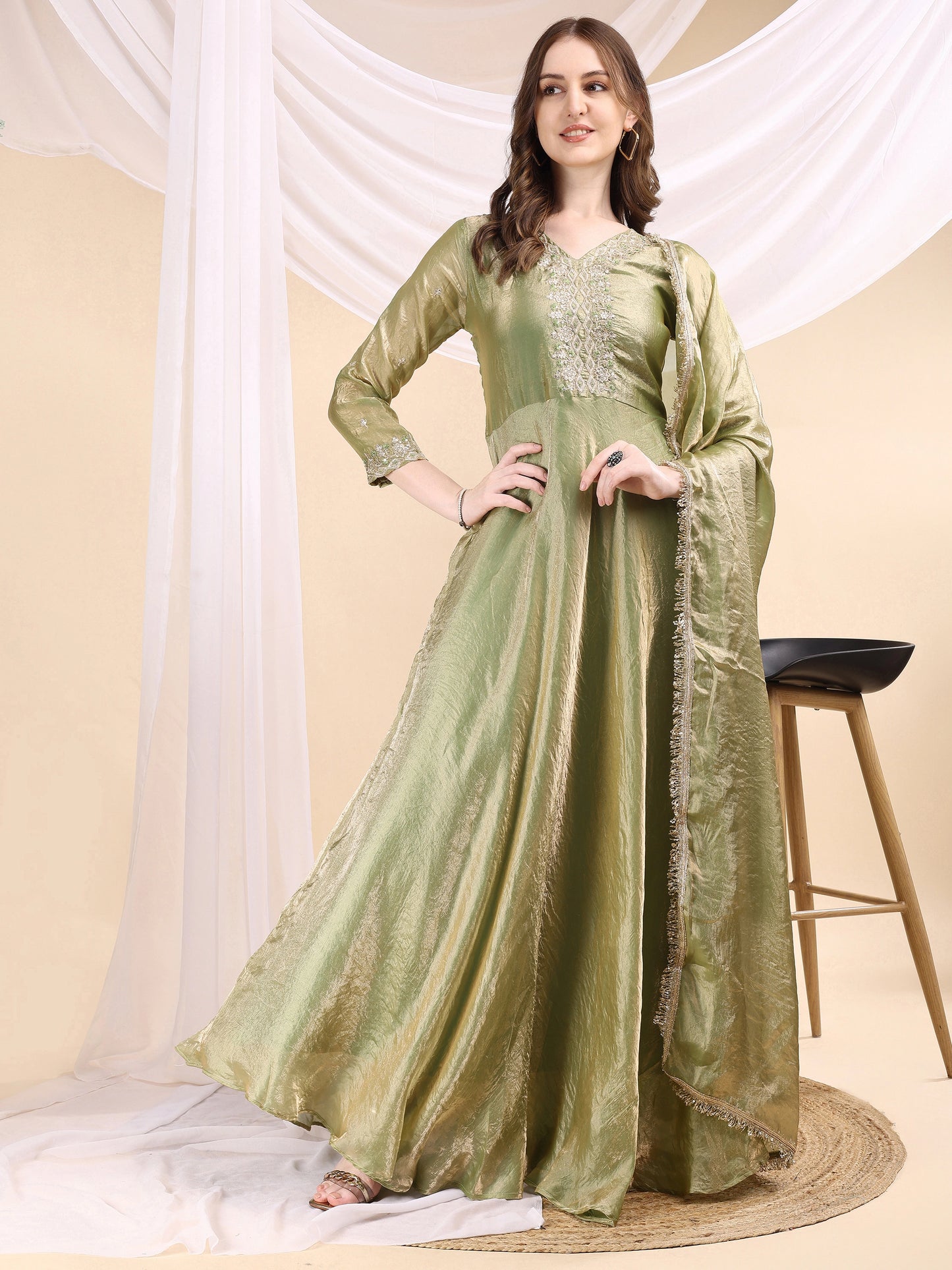Women's Embroidered Anarkali Gown with Dupatta & Flared Silhouette