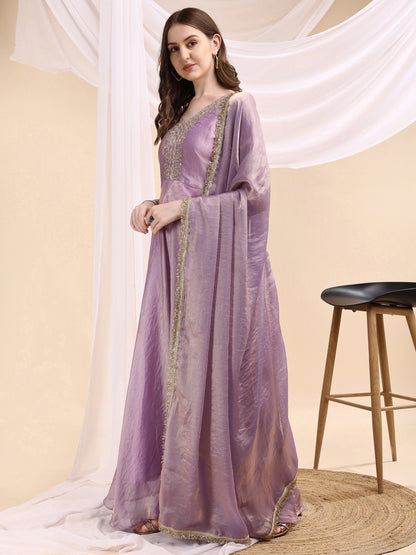 Women's Embroidered Anarkali Gown with Dupatta & Flared Silhouette