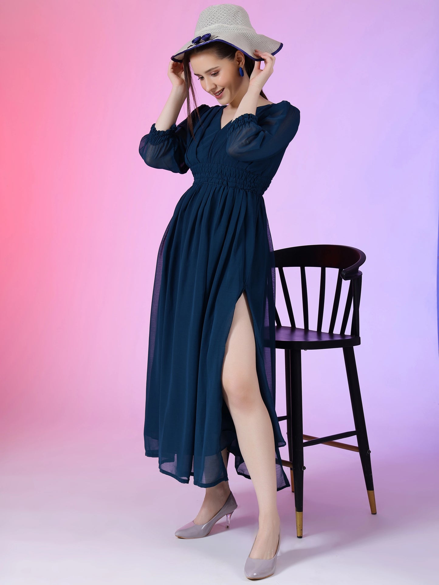 Women's Solid V-Neck Maxi Dress with Smocked Waist & Long Sleeves