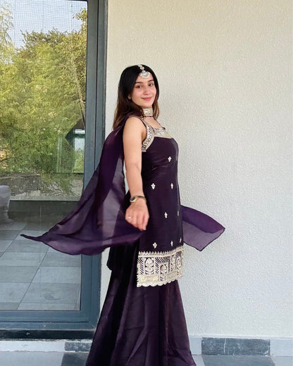 LooksValley Deep Plum Embroidered Kurta Set with Sharara & Dupatta | Designer Festive Ethnic Wear for Women