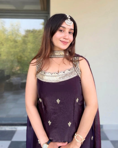LooksValley Deep Plum Embroidered Kurta Set with Sharara & Dupatta | Designer Festive Ethnic Wear for Women