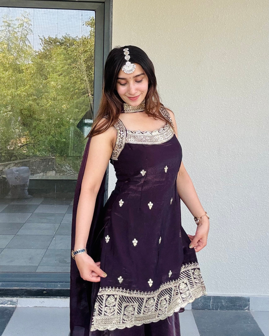 LooksValley Deep Plum Embroidered Kurta Set with Sharara & Dupatta | Designer Festive Ethnic Wear for Women