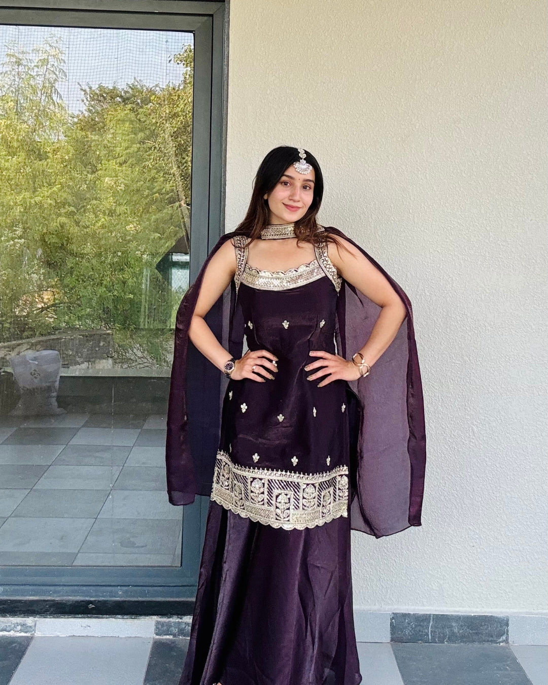 LooksValley Deep Plum Embroidered Kurta Set with Sharara & Dupatta | Designer Festive Ethnic Wear for Women