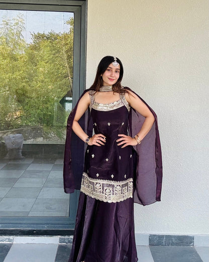 LooksValley Deep Plum Embroidered Kurta Set with Sharara & Dupatta | Designer Festive Ethnic Wear for Women