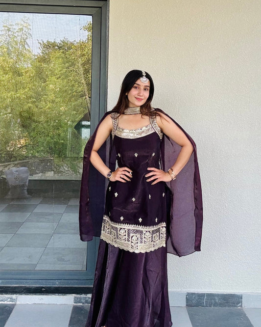 LooksValley Deep Plum Embroidered Kurta Set with Sharara & Dupatta | Designer Festive Ethnic Wear for Women