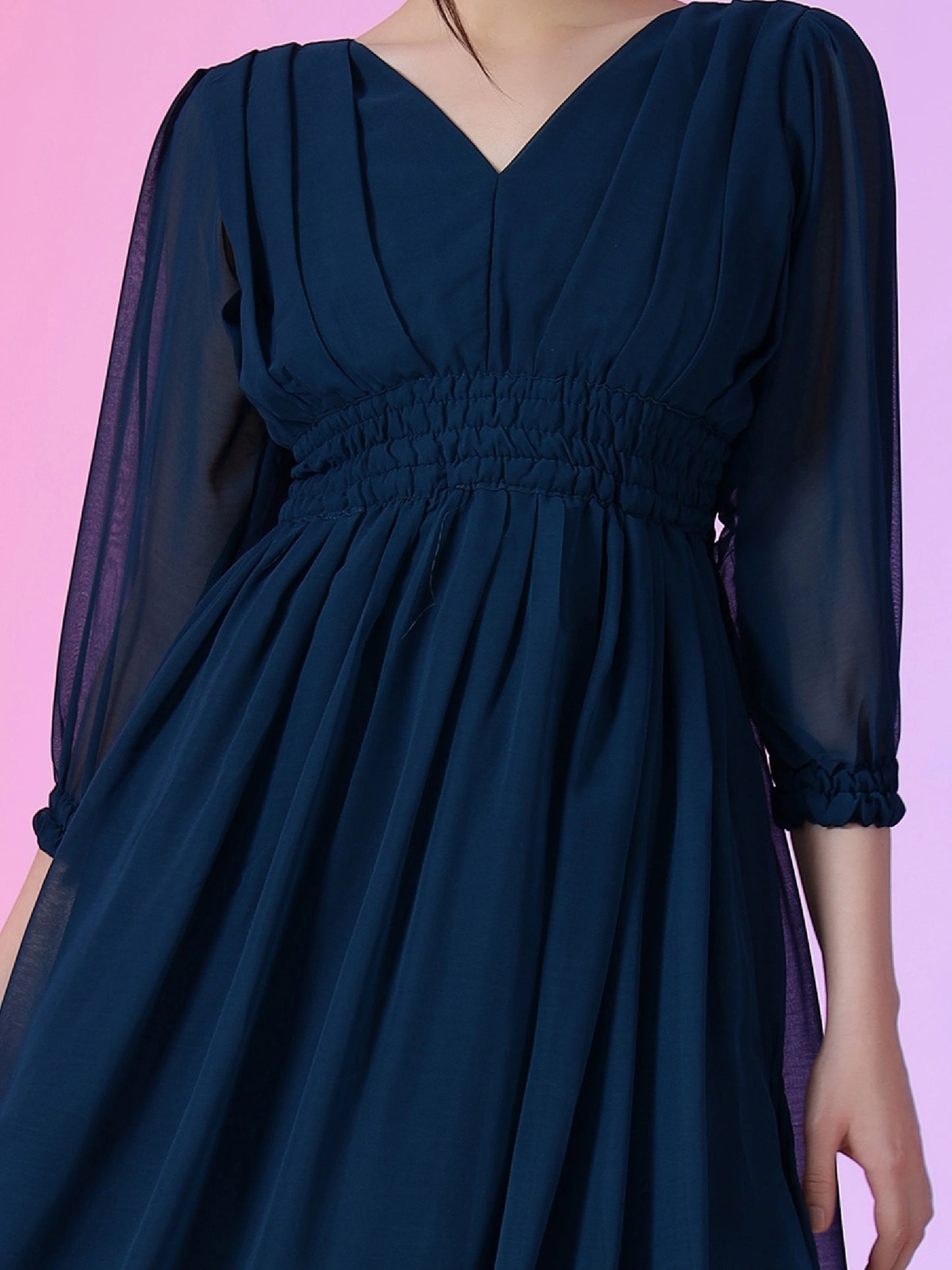 Women's Solid V-Neck Maxi Dress with Smocked Waist & Long Sleeves