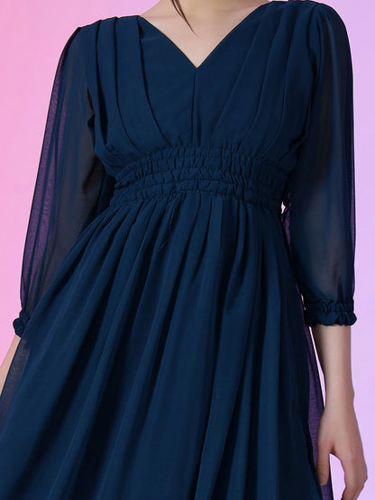 Women's Solid V-Neck Maxi Dress with Smocked Waist & Long Sleeves