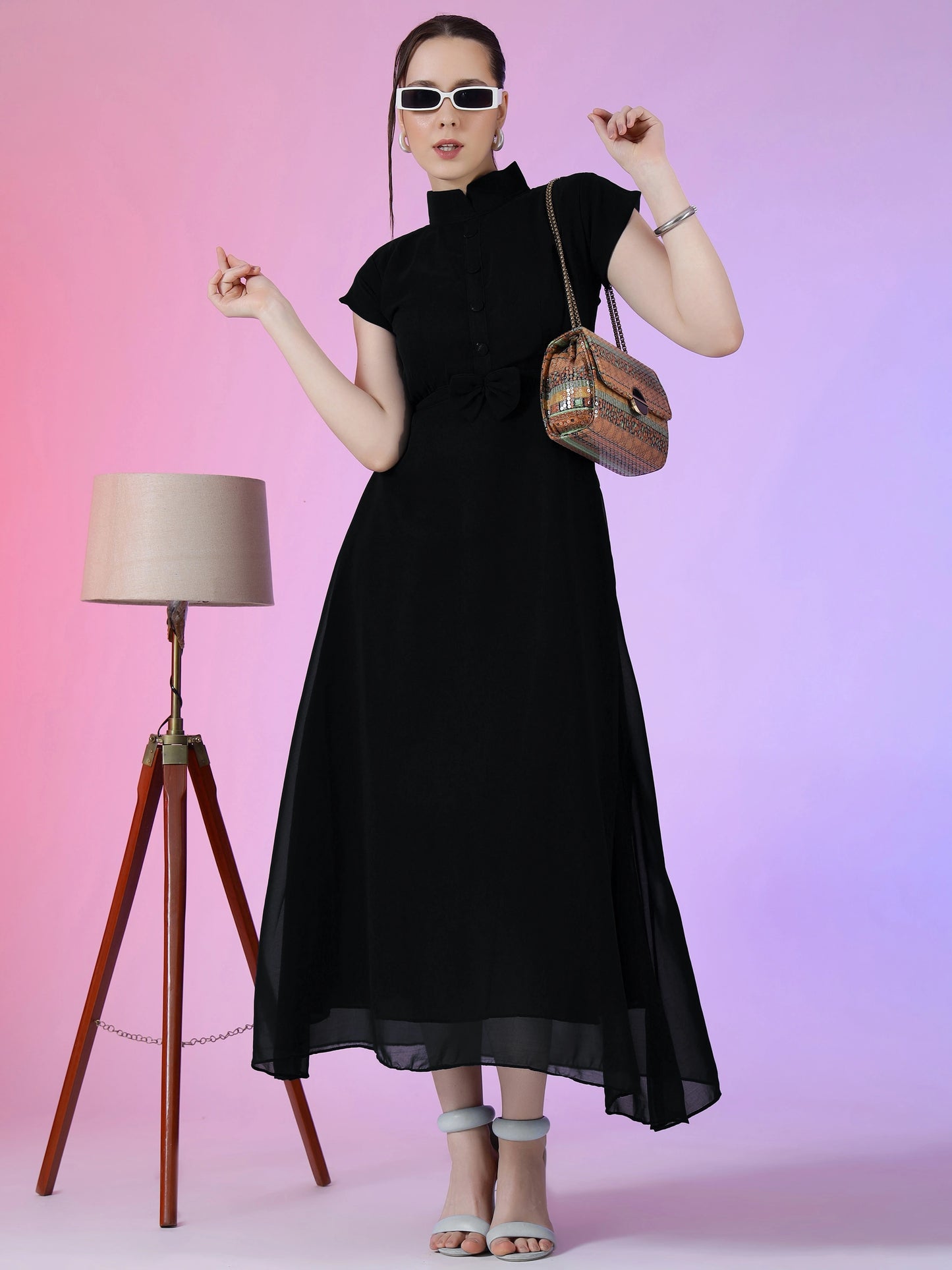 Women's Elegant Mandarin Collar Chiffon Maxi Dress with Waist Bow