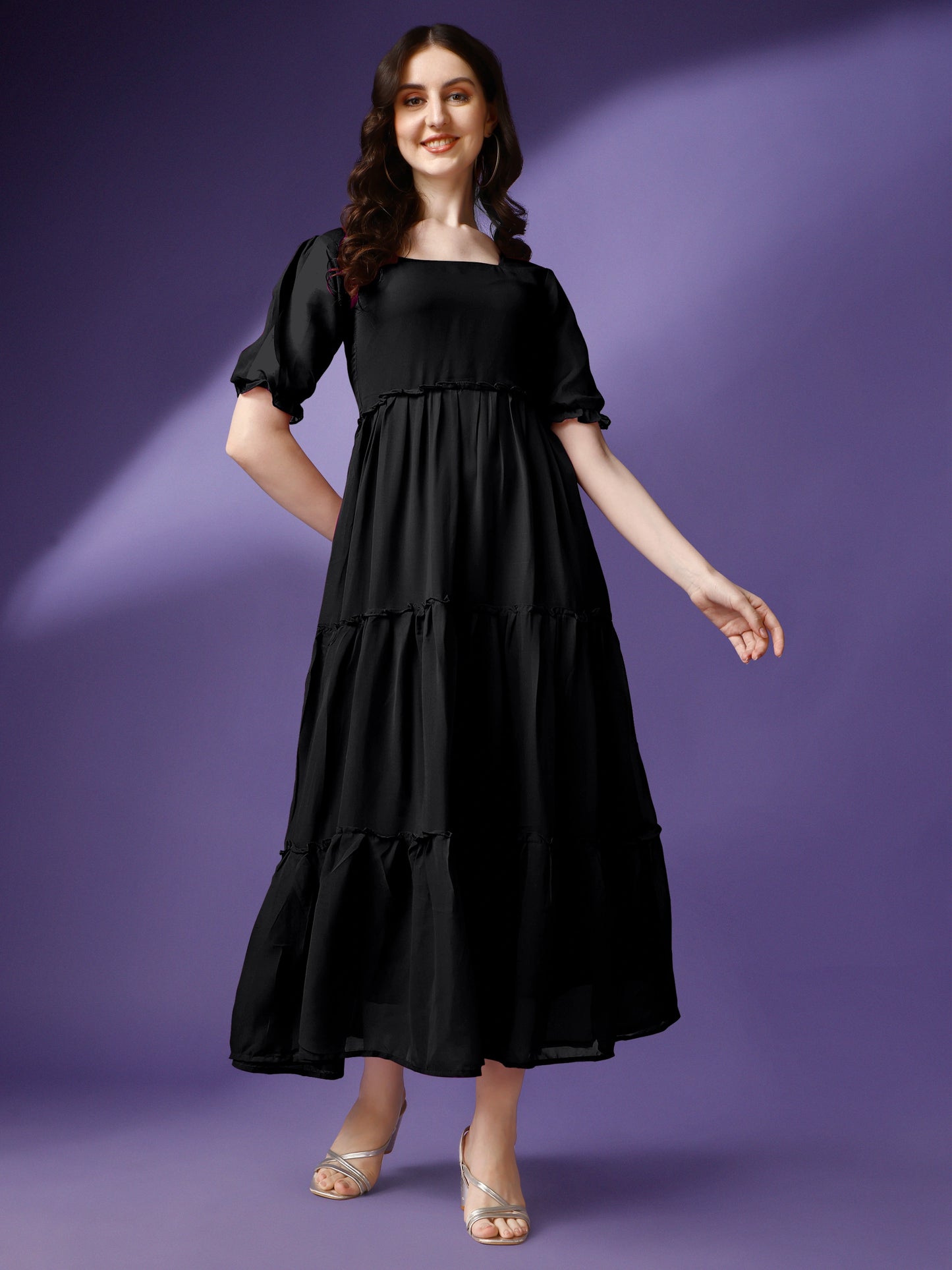 Women's Tiered Square Neck Maxi Dress with Puff Sleeves