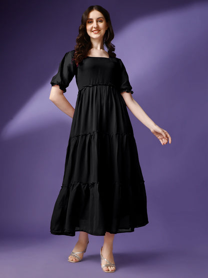 Women's Tiered Square Neck Maxi Dress with Puff Sleeves