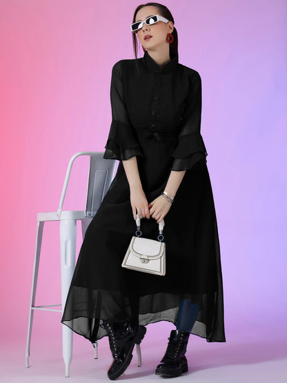 Women's Solid Mandarin Collar Flared Maxi Dress with Sheer Bell Sleeves